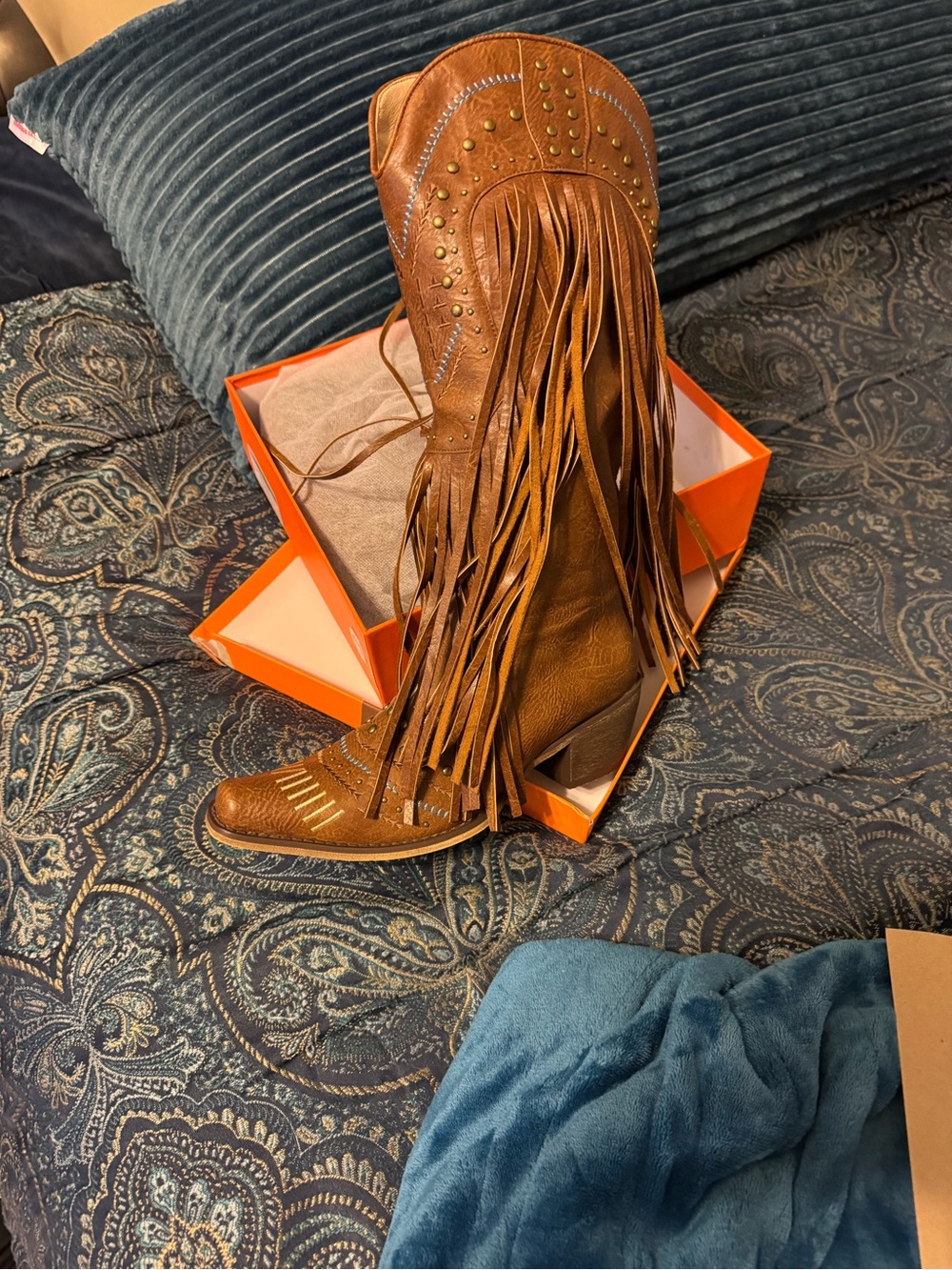 Fringed Western Knee-High Boots in Brown